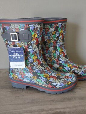 Bobs Sketchers waterproof boots - rain snow boots - dog print - lug sole - NWT 9